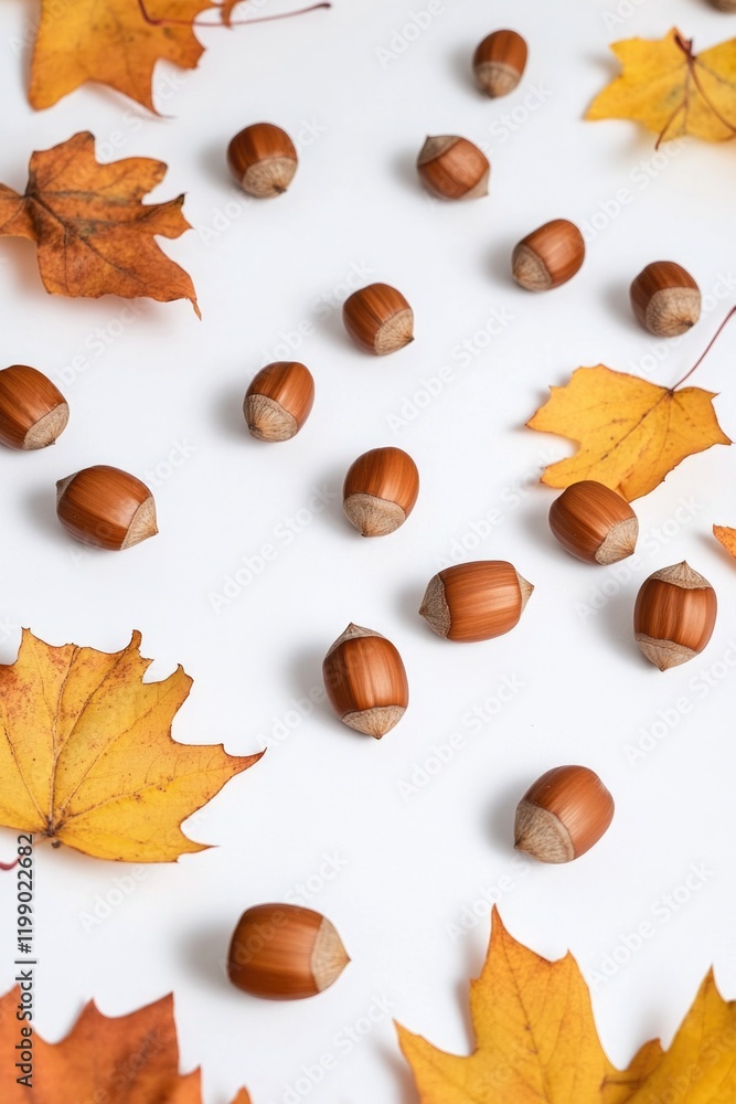 Poster a close-up shot of a table covered in nuts and leaves, ideal for use in nature-inspired or rustic-th