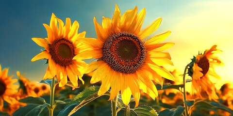 Fototapeta premium Vibrant field of sunflowers with intricate details and stunning HD quality, showcasing a perfect composition in a raw, natural style, offering breathtaking beauty and clarity.