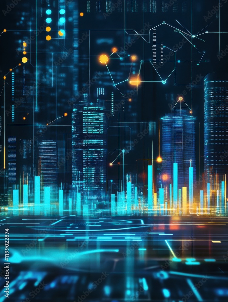 Poster a futuristic city skyline with abstract data visualizations and glowing elements representing techno