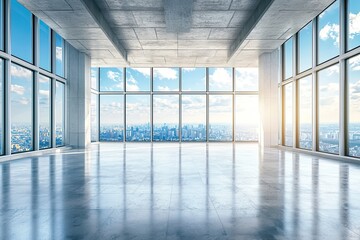Fototapeta premium Beautiful, empty interior of a new office building under construction. This space concept features a concrete floor and ceiling with windows open spaces