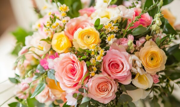A zoomed-in photo of a bouquet showcasing bright pink and yellow flowers.
