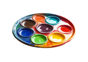 Color palette with paint in a plastic tray, isolated on a white background