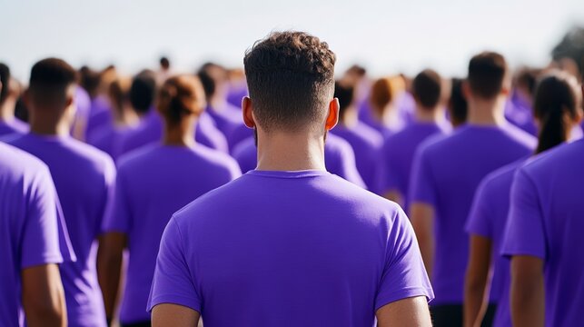 A crowd walking together in a World Cancer Day awareness walkathon all wearing purple shirts and holding banners with motivational messages 