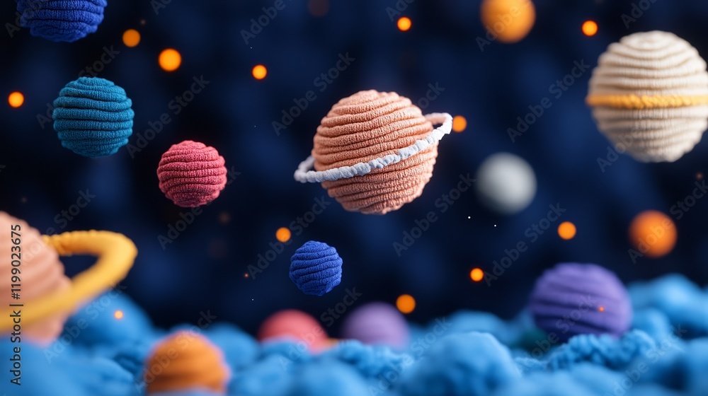 Poster a surreal galaxy where planets are made of quilt patches and constellations are glowing threads symb