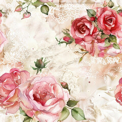 Vintage inspired watercolor design featuring roses and lace details