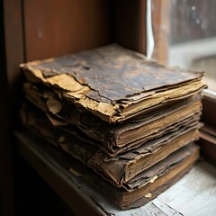 Old leather-bound books with tattered pages and worn covers, stacked on a window sill, creating a nostalgic atmosphere