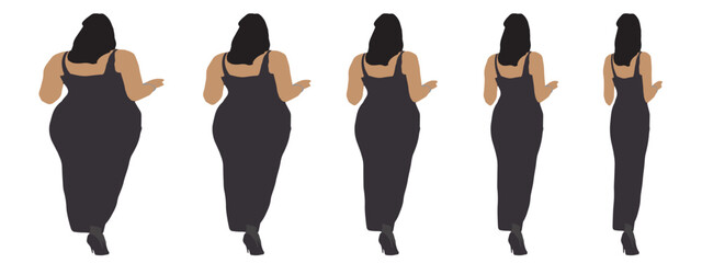 Conceptual fat overweight obese female vs slim fit healthy body after weight loss or diet on white background banner. A  fitness, nutrition or obesity, health shape illustration vector as silhouettes