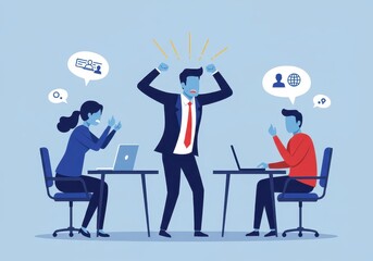 Office conflict: stressful business meeting with angry boss and frustrated employees