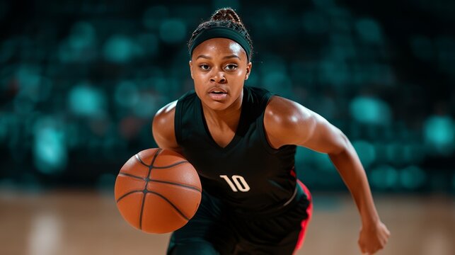 A basketball player dribbling down the court in her WNBA debut with dynamic motion blur highlighting her speed and determination 