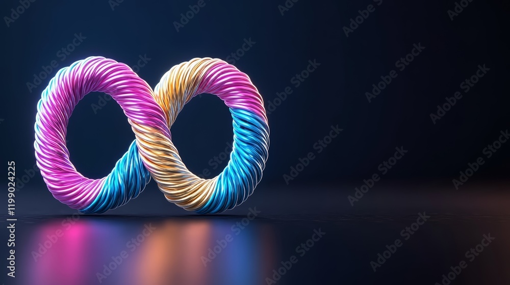 Poster a luminous infinity symbol woven from colorful macrame knots and beads floating against a dark backg