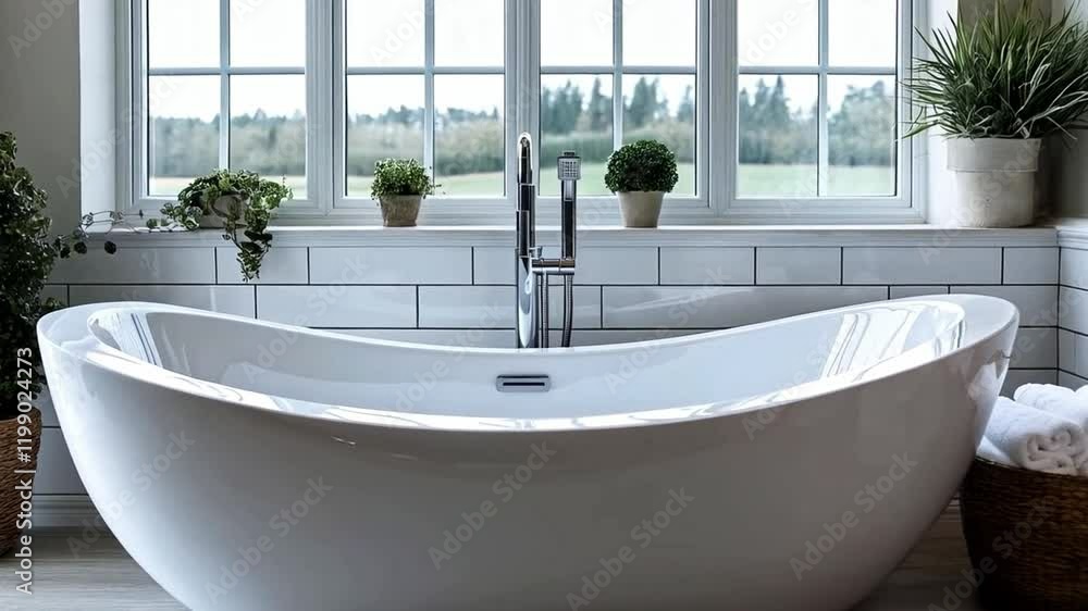 Poster a stylish modern bathtub is positioned by a large window showcasing lush green fields outside.