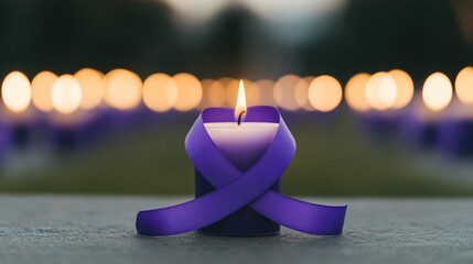 A candlelight vigil for World Cancer Day with glowing lanterns and purple ribbons in the background symbolizing remembrance and unity 