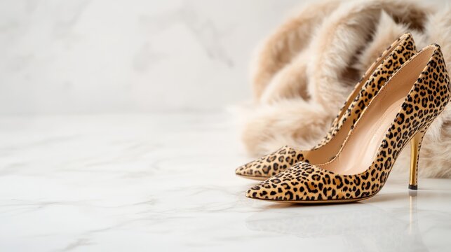 A pair of sleek leopard print high heels on a marble floor surrounded by scattered faux fur scarves in neutral tones  - Powered by Adobe