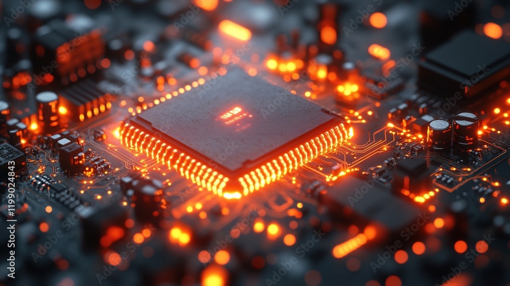 Poster glowing cpu on circuit board with active components (3)