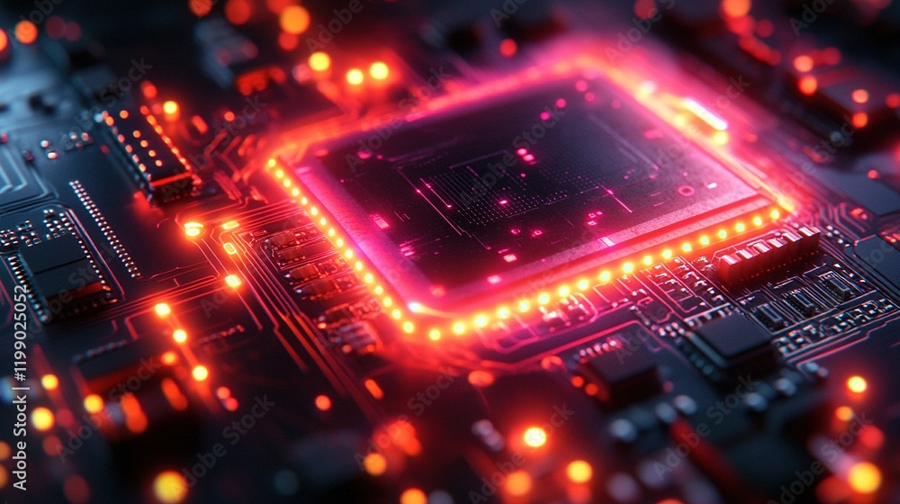 Poster glowing cpu on circuit board with active lights