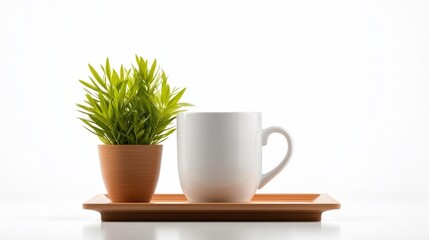 Elegant White Mug and Green Plant on a Tray. Generative AI