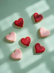 Obraz premium Icing cookies: A minimalist and serene photo of red and pink heart-shaped icing cookies on a mint green background
