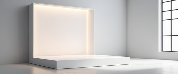 Fototapeta premium Minimalist empty white podium with soft lighting and large window in modern interior space