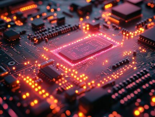 Obraz premium Glowing CPU on circuit board with data processing, bokeh background