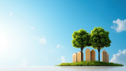 Creative strategies for carbon footprint reduction and offset. A serene landscape featuring green trees alongside modern buildings under a clear blue sky, symbolizing nature and urban development.