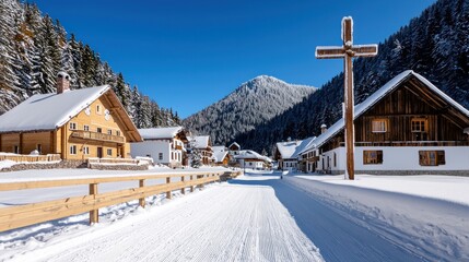 Fototapeta premium Alpine Village Winter Scene
