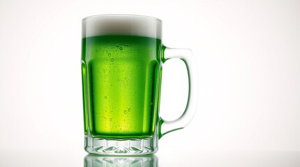 A professionally shot, fine art photograph depicting a frosty green beer mug