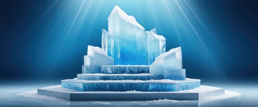 Majestic ice throne on frozen stage with illuminated crystal peaks
