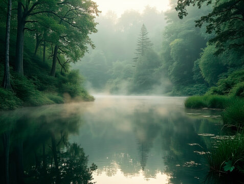 Serene forest lake with lush greenery and misty morning reflections