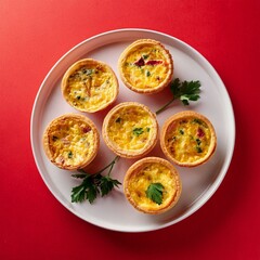 Fototapeta premium Freshly delicious mini quiches on red background