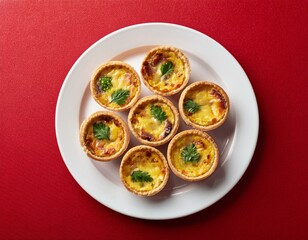 Freshly delicious mini quiches on red background