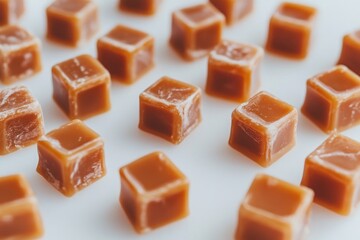 A pile of caramel cubes sitting on a clean, white surface