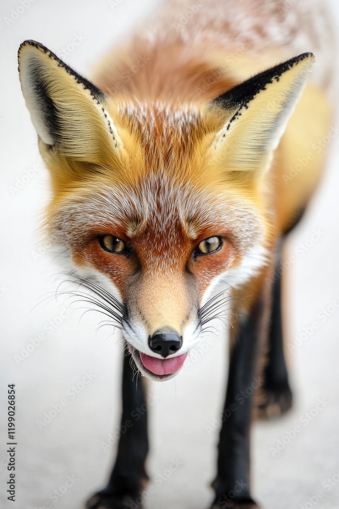 Poster a close-up view of a red fox's face, its mouth open in a curious expression