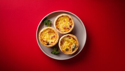 Freshly delicious mini quiches on red background