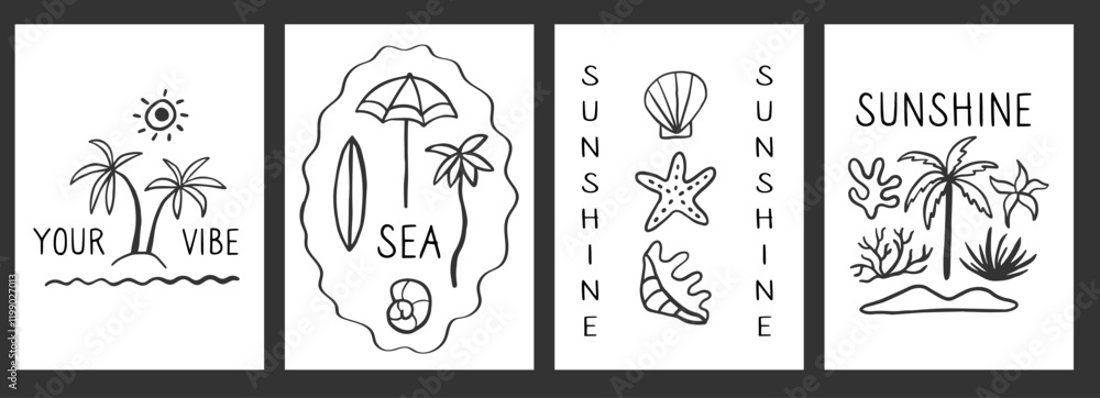 Poster Minimalistic print with groovy abstract beach elements in doodle ink style.