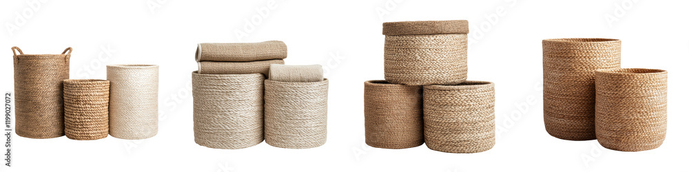 Poster assortment of elegant wicker baskets in various shapes and sizes for home decor storage and organiza