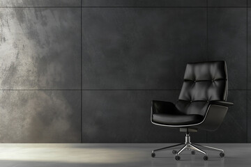 dark grey concrete wall office interior with black leather chair and sunny light