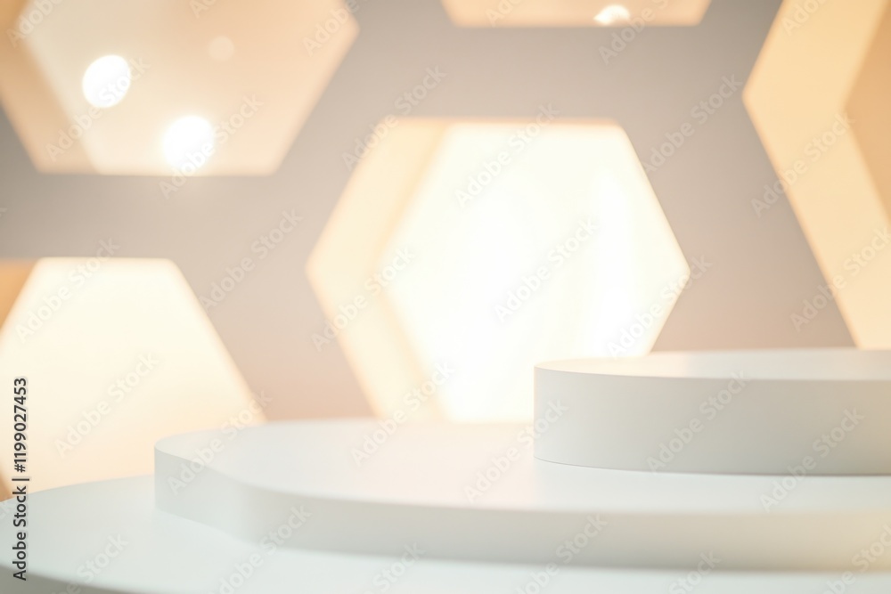 Aufkleber a light shines through hexagonal patterns on a white podium, suitable for use in presentations, exhi