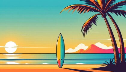 Tropical sunset scene with surfboard and palm trees on beach