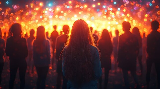 Vibrant Festival Scene with Glowing Stage Where Students Present Community Achievements to Smiling Families