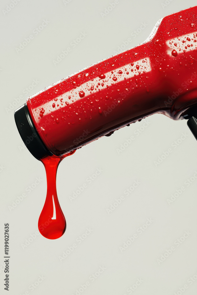 Poster vibrant red liquid pouring from bottle: striking close-up of dynamic splash in minimalist style with