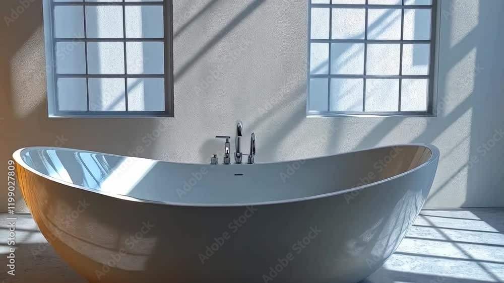 Poster a sleek white freestanding bathtub sits in a minimalistic bathroom. soft sunlight streams through la