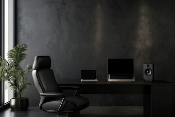 dark grey concrete wall office interior with black leather chair and sunny light