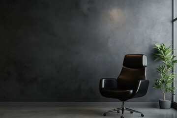 dark grey concrete wall office interior with black leather chair and sunny light
