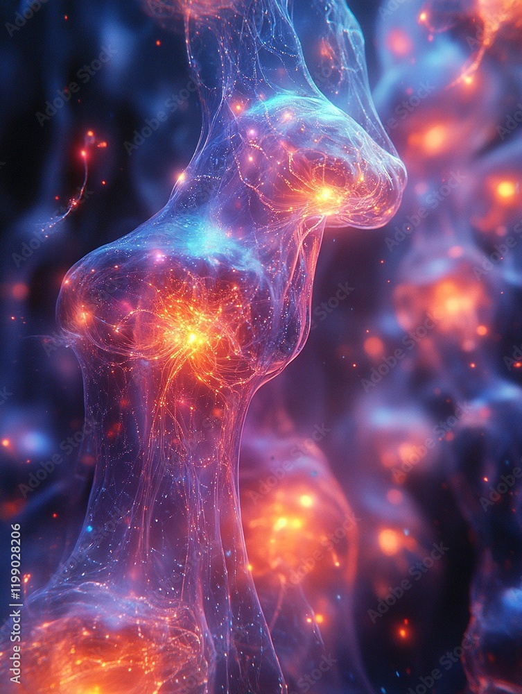 Poster glowing energy network forming in cosmic space with nebula background