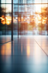 Blurred modern office interior with glass walls and light reflections on the floor, for background