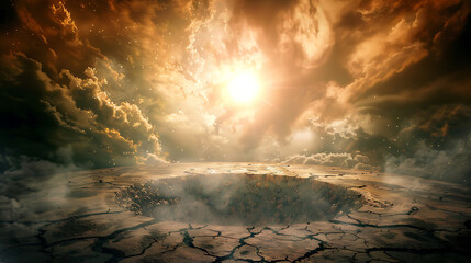 Naklejka premium A close-up of a massive meteor crater on Earth, surrounded by cracked, barren terrain under a dramatic cloudy sky, emphasizing the immense scale and raw power of nature.