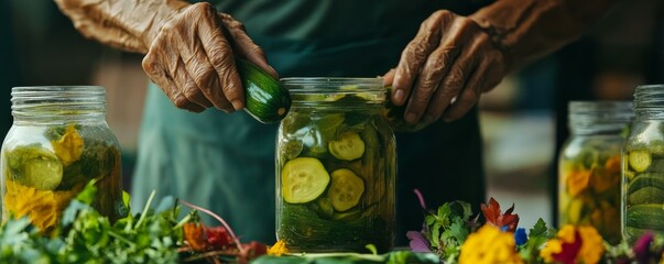 A person is pickling vegetables in glass jars, with colorful leaves and fresh herbs around the jars