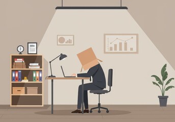 Anonymous office worker with box on head at desk under spotlight
