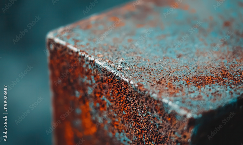 Poster close-up view of rusted metal surface with intricate patterns and weathered texture in vibrant orang