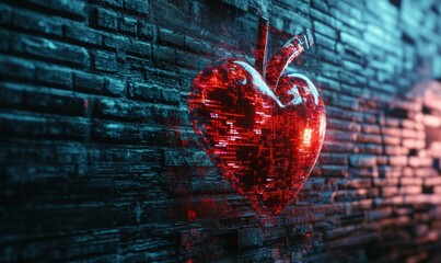 An abstract 3D illustration featuring a heart, symbolizing love and health, on a brick wall, combining cyber tech romance, Valentine's Day